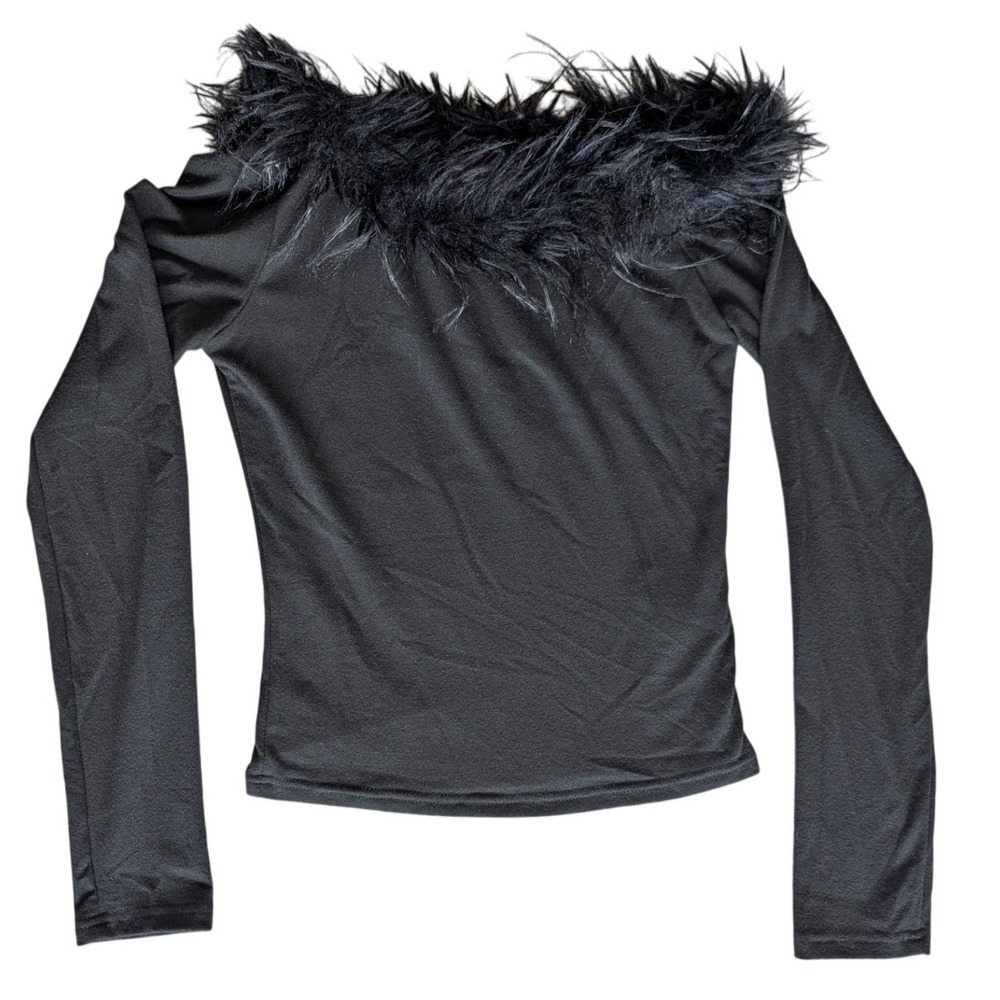 Dazy Black Fur Collar Retro 90s inspire Long Sleeve Stretchy Top Medium
